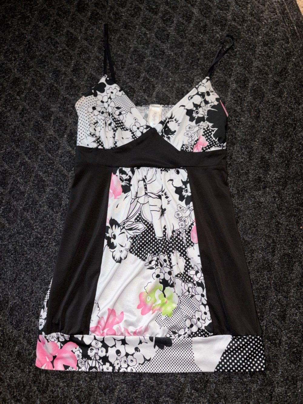 Khaki Krew Black/White With Pink Floral Spaghetti Strap Top Y2K Size Small